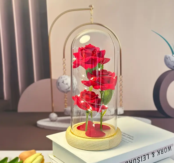 3-laags Gloeiende Rode Rozen in Glazen Koepel