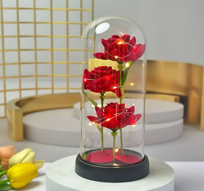 3-laags Gloeiende Rode Rozen in Glazen Koepel