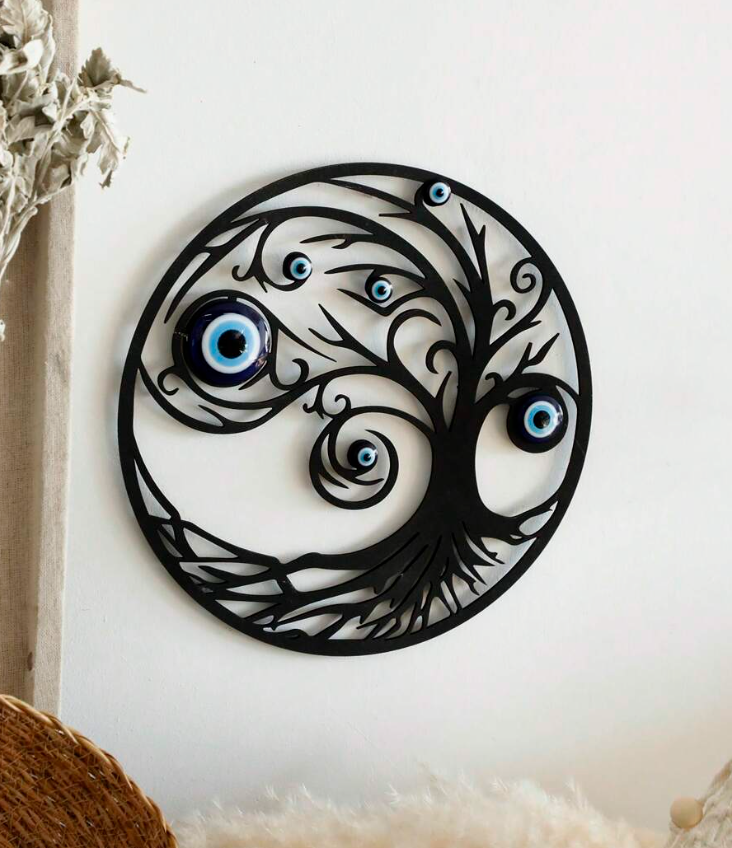 Wanddecoratie met kralen - Boze oog - Boomtak