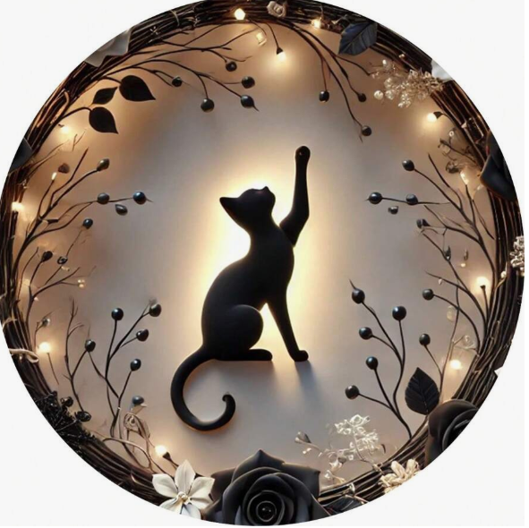 49 Punten.... Silhouet van een zwarte kat, ronde houten wanddecoratie