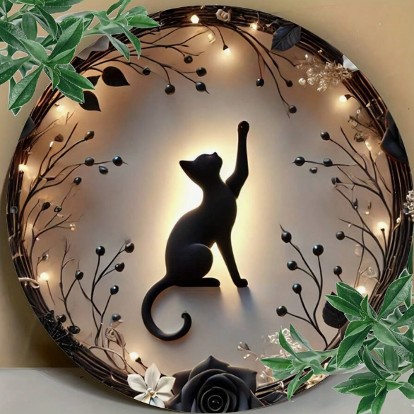 49 Punten.... Silhouet van een zwarte kat, ronde houten wanddecoratie