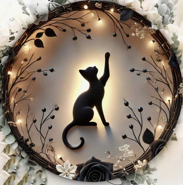 49 Punten.... Silhouet van een zwarte kat, ronde houten wanddecoratie