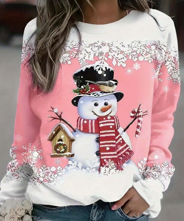 Dames kerstprint ronde hals lange mouw sweatshirt