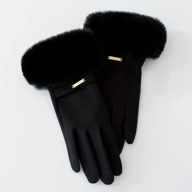 Fluffy Warme zwarte handschoenen met lange fluffy rand