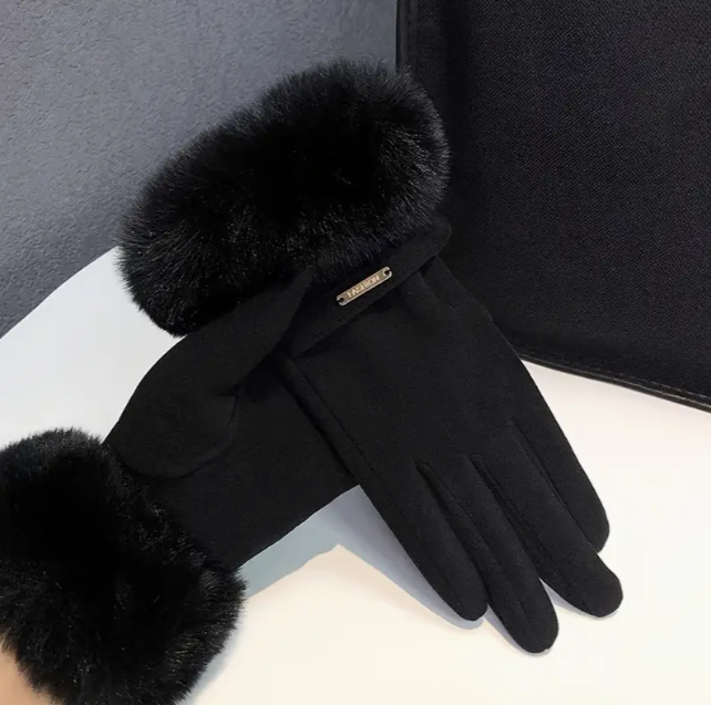 Fluffy Warme zwarte handschoenen met lange fluffy rand
