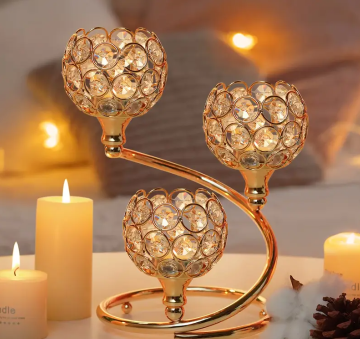 Elegant Gouden 3-Arm Kristallen Kaars Houder