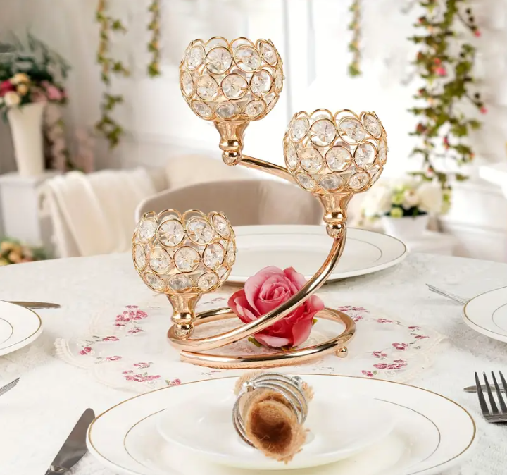 Elegant Gouden 3-Arm Kristallen Kaars Houder