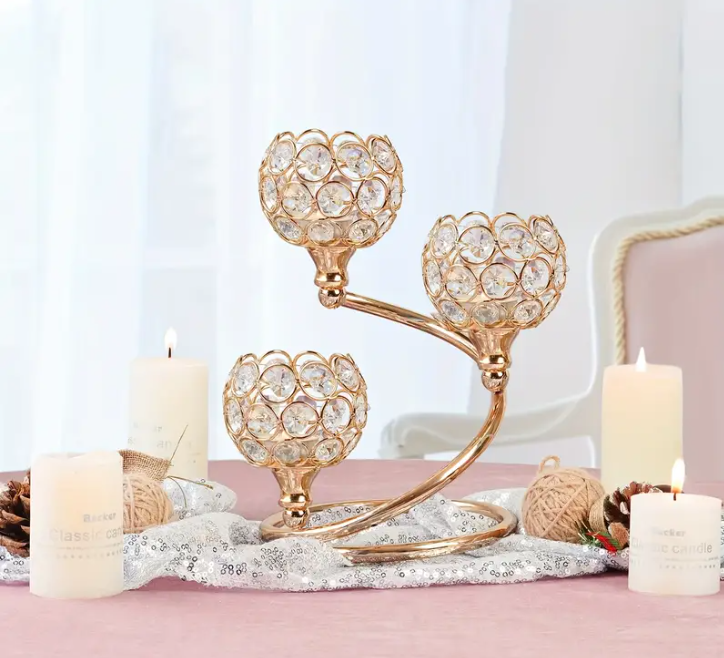 Elegant Gouden 3-Arm Kristallen Kaars Houder