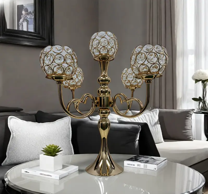 10 Punten.... 5-kopige gouden kristallen kaarzenstandaard