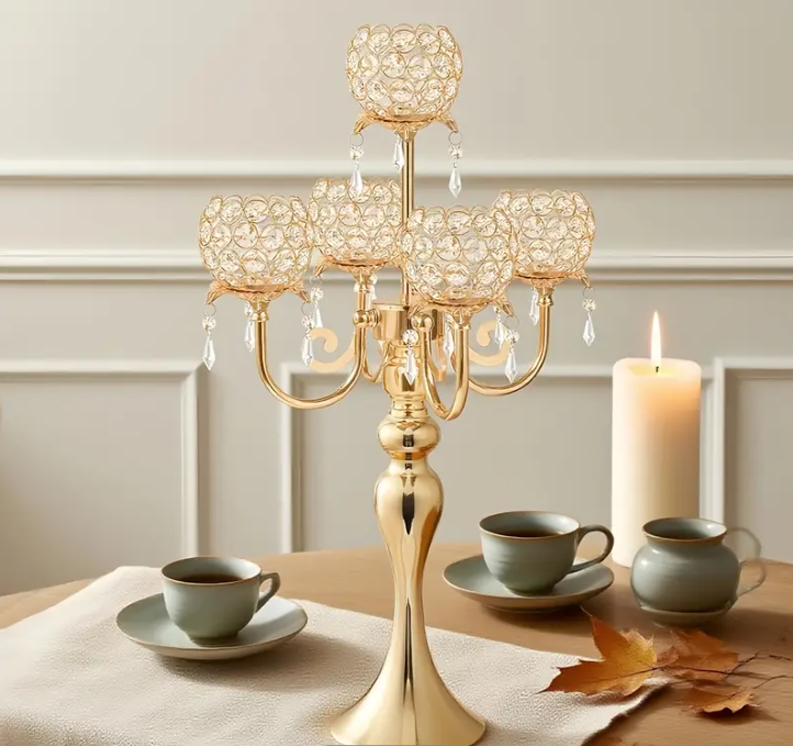 11 Punten.... Kaarzen kandelaar 5-koppig RVS goud