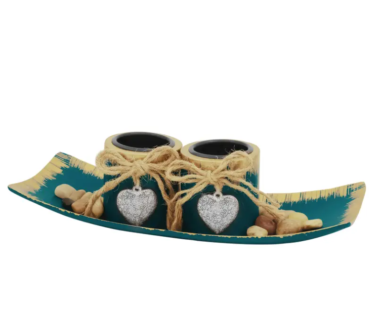 Blauwe Houten Kaarsen Kandelaar Set