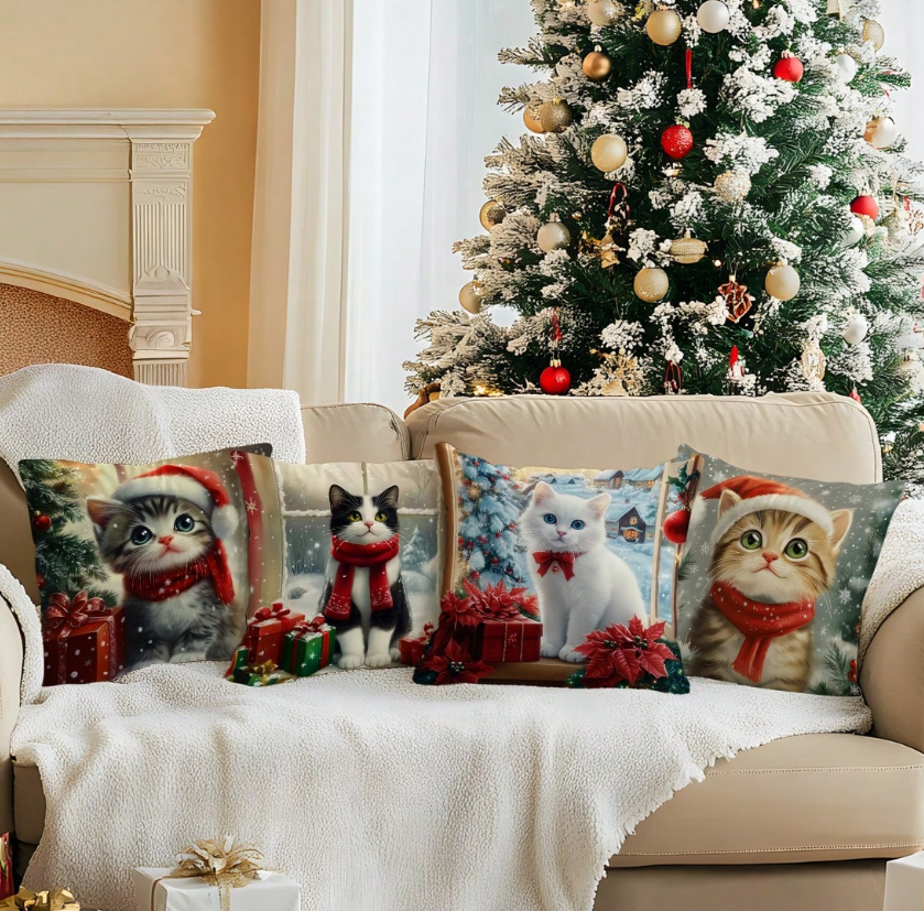 4 kussenhoezen met kattenprint - Kerst editie