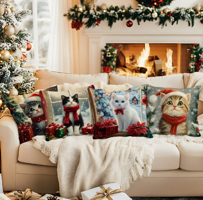 4 kussenhoezen met kattenprint - Kerst editie