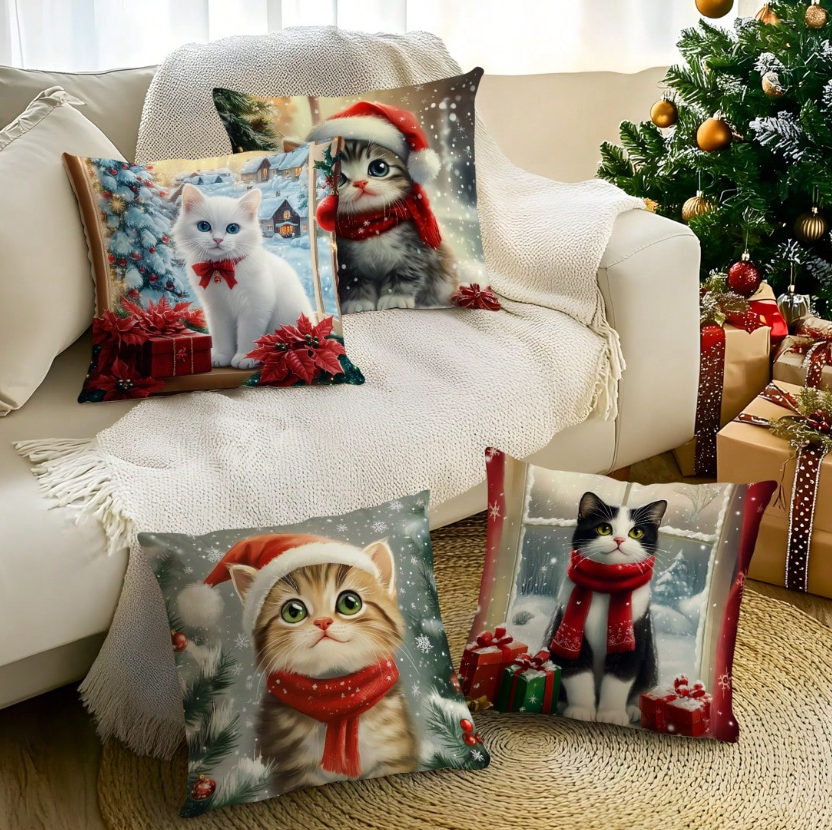 4 kussenhoezen met kattenprint - Kerst editie