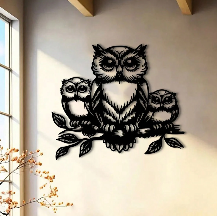 Metalen wanddecoratie - 3 Uilen op stok