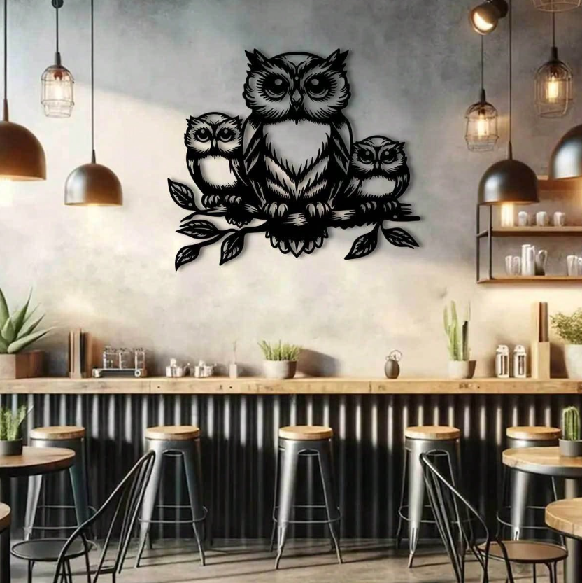 Metalen wanddecoratie - 3 Uilen op stok