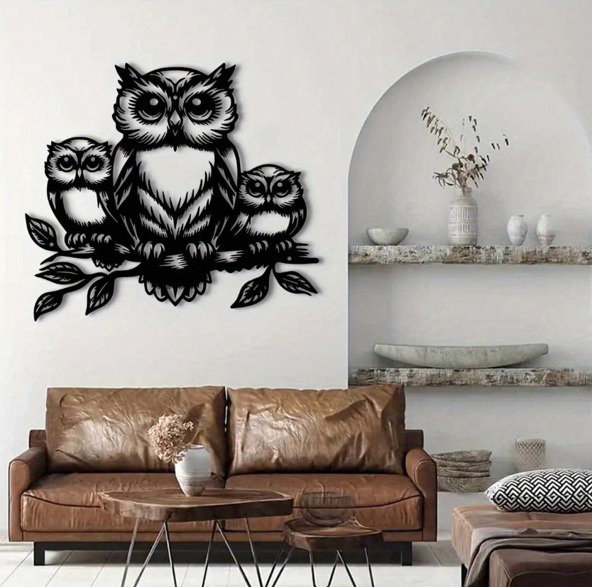 Metalen wanddecoratie - 3 Uilen op stok